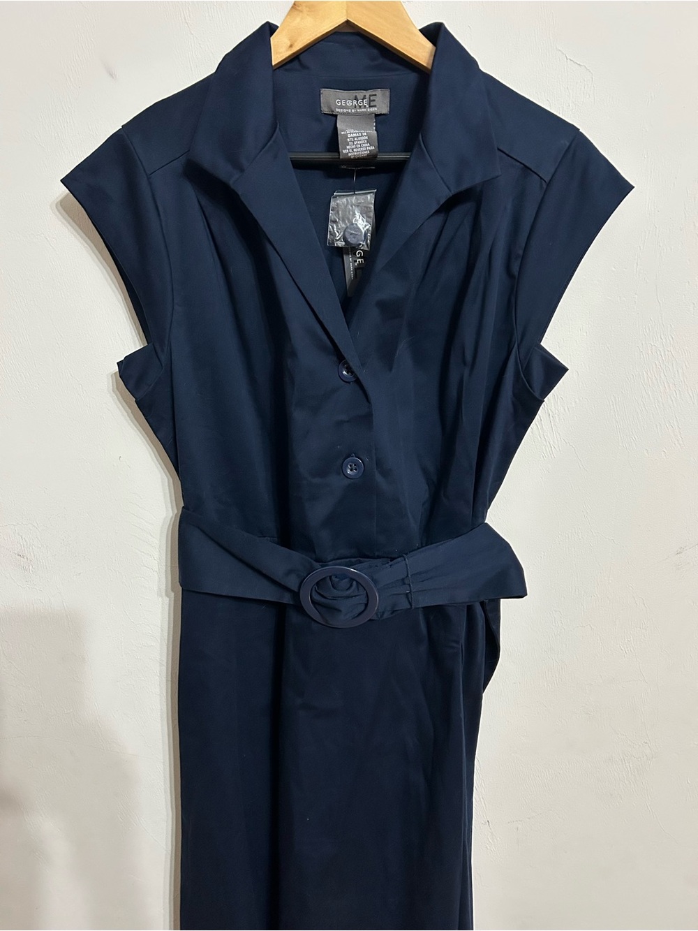 George Navy Button-Up Dress with Matching Belt 14 NWT